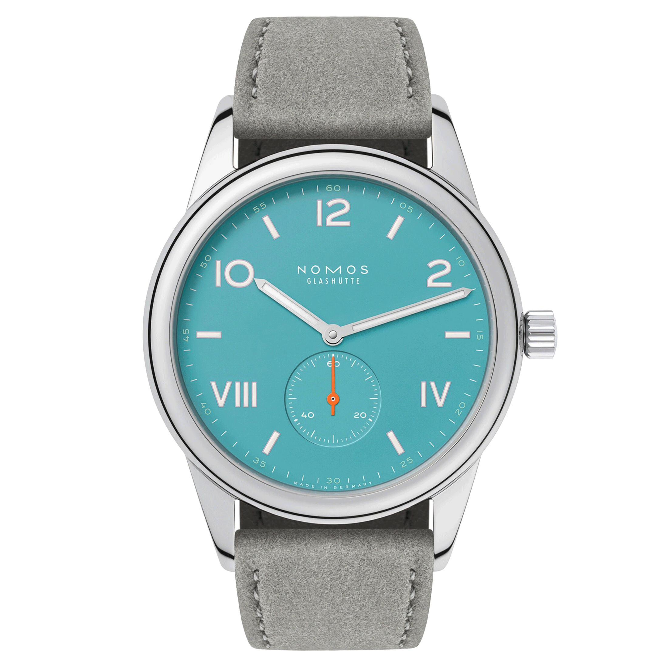 NOMOS Club Campus Endless Blue mechanical stainless steel watch turquoise blue dial grey velvet strap 38 mm