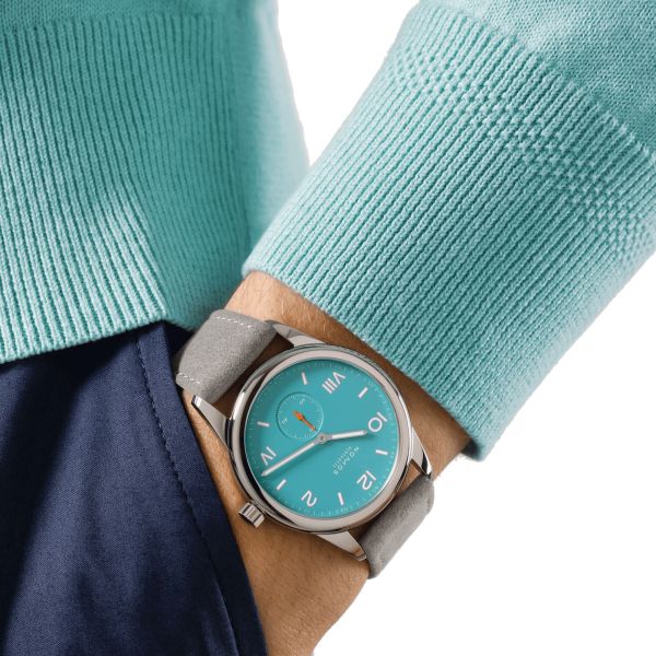 NOMOS Club Campus Endless Blue mechanical stainless steel watch turquoise blue dial grey velvet strap 38 mm