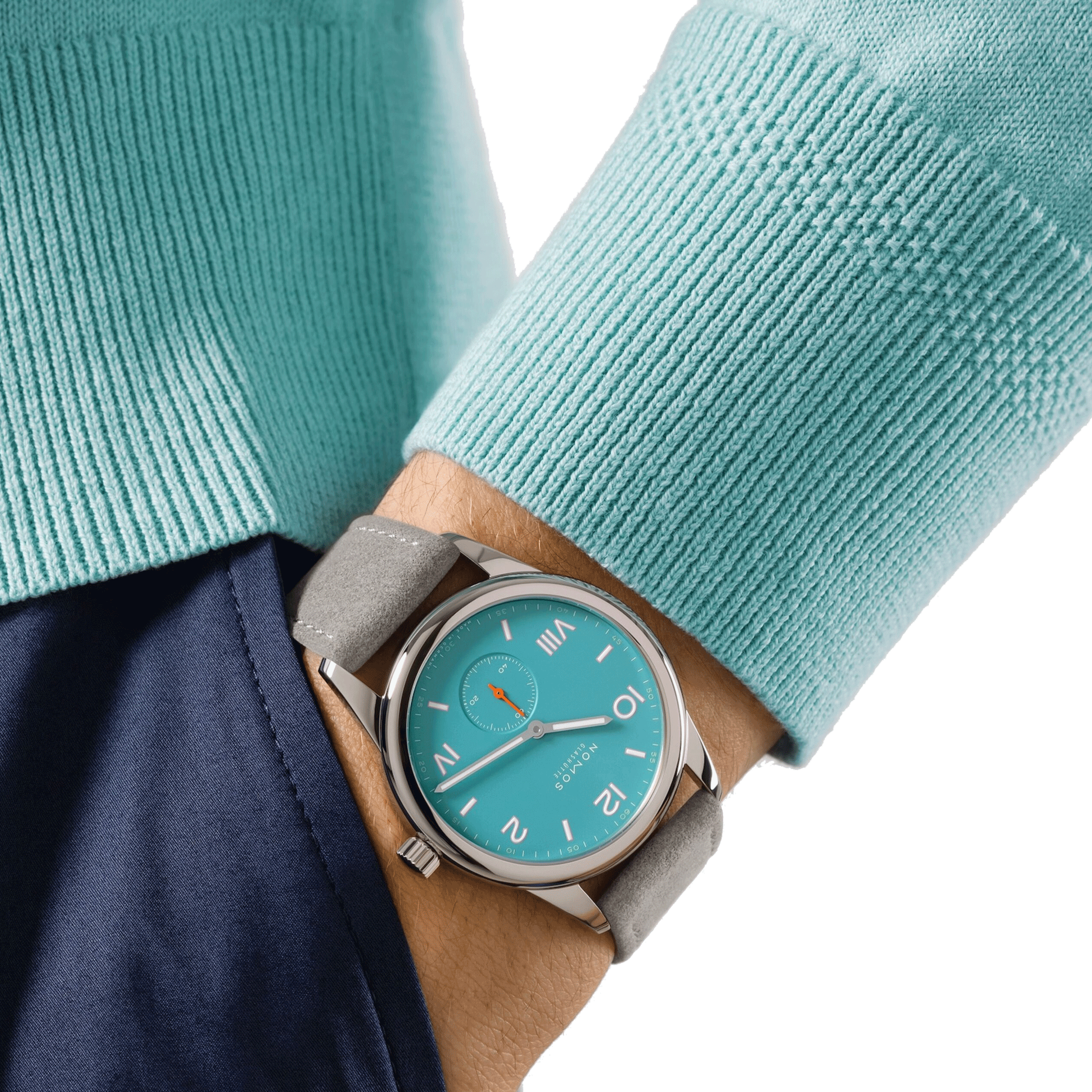 NOMOS Club Campus Endless Blue mechanical stainless steel watch turquoise blue dial grey velvet strap 38 mm