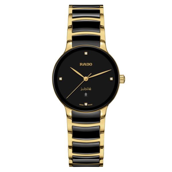 Rado Centrix Diamonds quartz watch diamond index black dial steel bracelet pvd yellow gold and black ceramic 30.5 mm R30025712