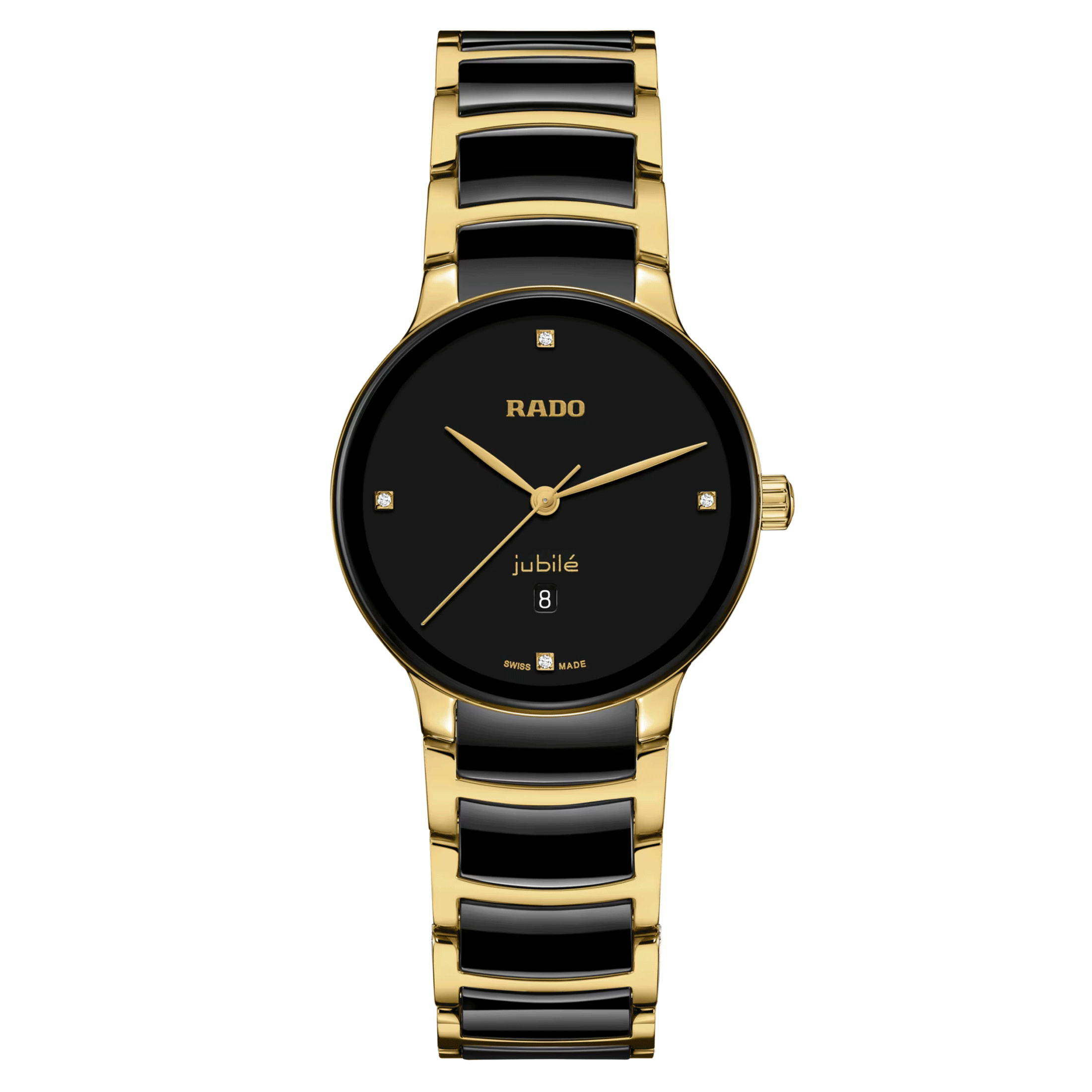 Montre Rado Centrix Diamonds quartz index diamants cadran noir bracelet acier pvd or jaune et céramique noire 30,5 mm R30025712