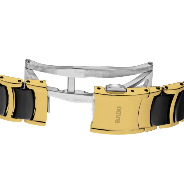 Montre Rado Centrix Diamonds quartz index diamants cadran noir bracelet acier pvd or jaune et céramique noire 30,5 mm R30025712