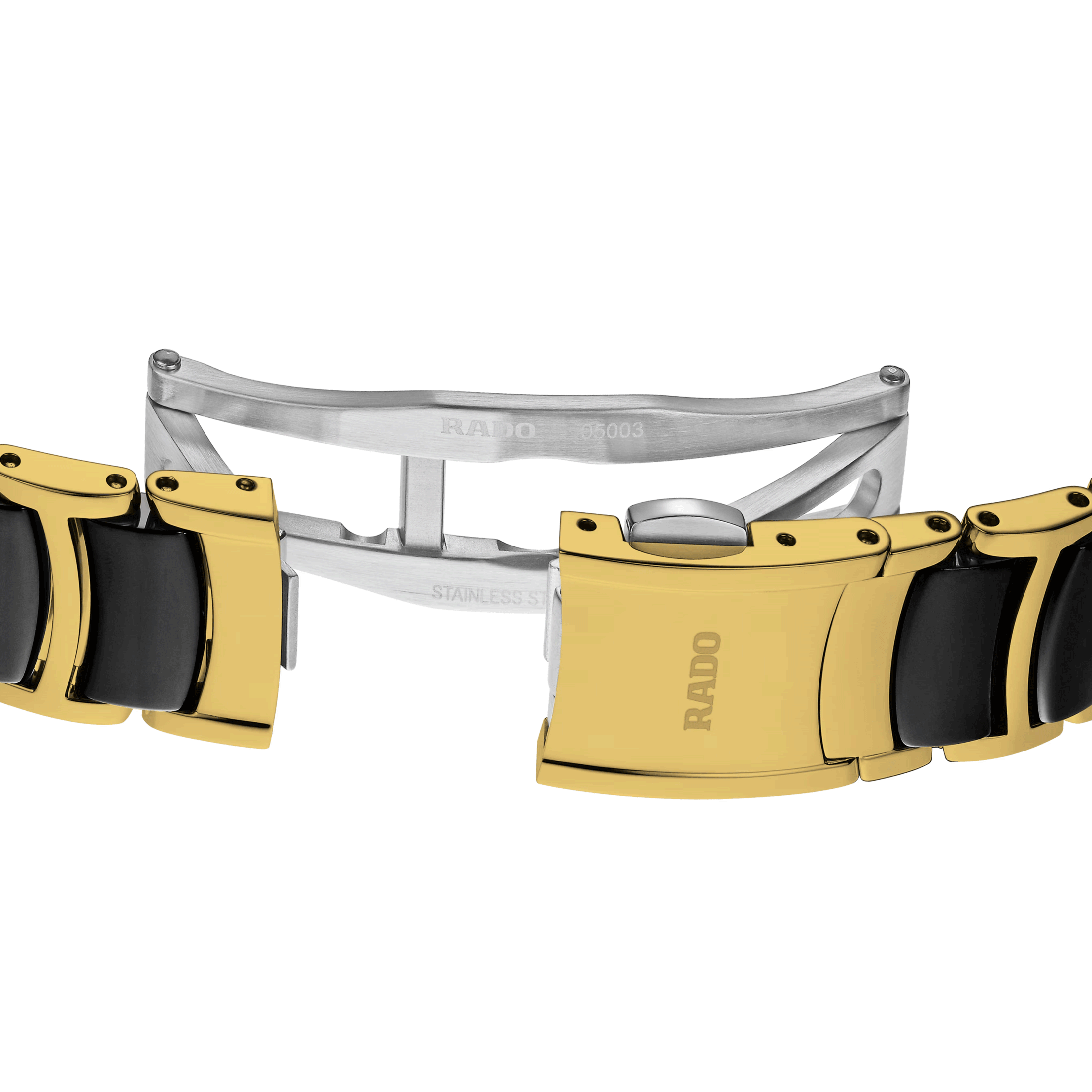 Montre Rado Centrix Diamonds quartz index diamants cadran noir bracelet acier pvd or jaune et céramique noire 30,5 mm R30025712