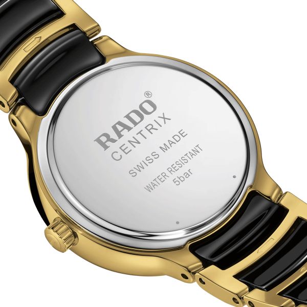 Rado Centrix Diamonds quartz watch diamond index black dial steel bracelet pvd yellow gold and black ceramic 30.5 mm R30025712