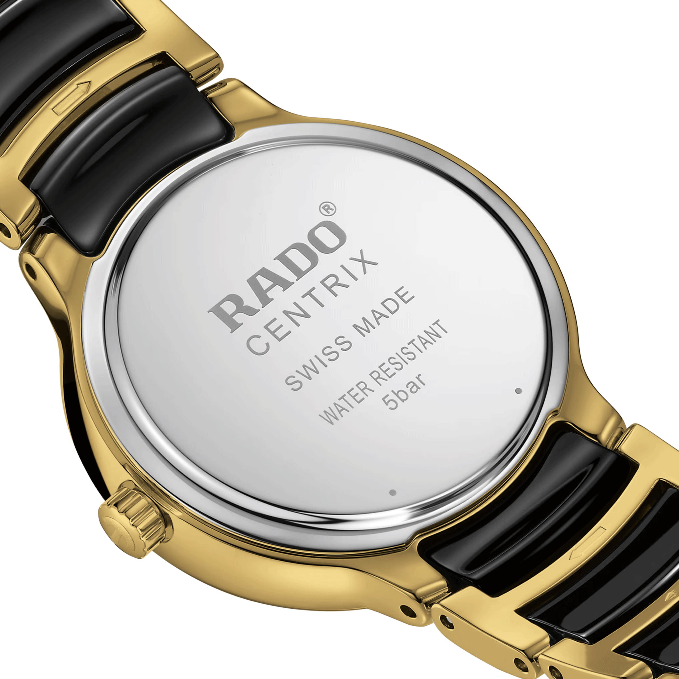 Rado Centrix Diamonds quartz watch diamond index black dial steel bracelet pvd yellow gold and black ceramic 30.5 mm R30025712
