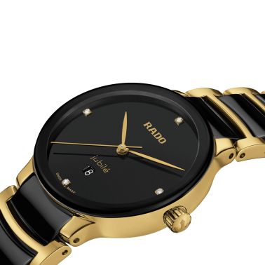 Montre Rado Centrix Diamonds quartz index diamants cadran noir bracelet acier pvd or jaune et céramique noire 30,5 mm R30025712