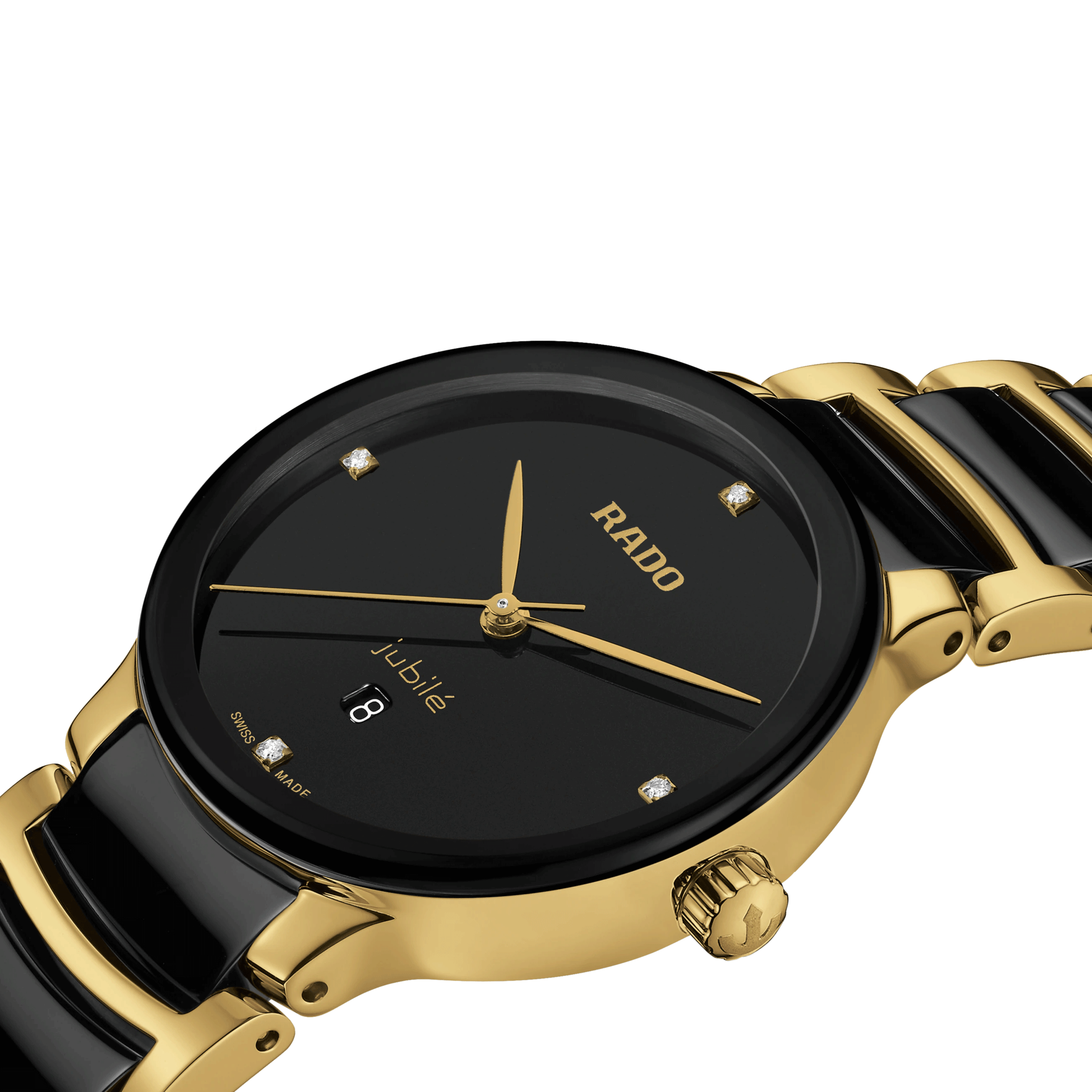 Rado Centrix Diamonds quartz watch diamond index black dial steel bracelet pvd yellow gold and black ceramic 30.5 mm R30025712