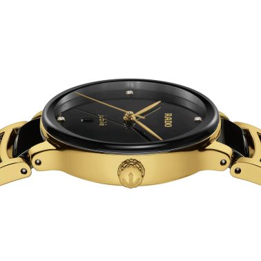 Montre Rado Centrix Diamonds quartz index diamants cadran noir bracelet acier pvd or jaune et céramique noire 30,5 mm R30025712