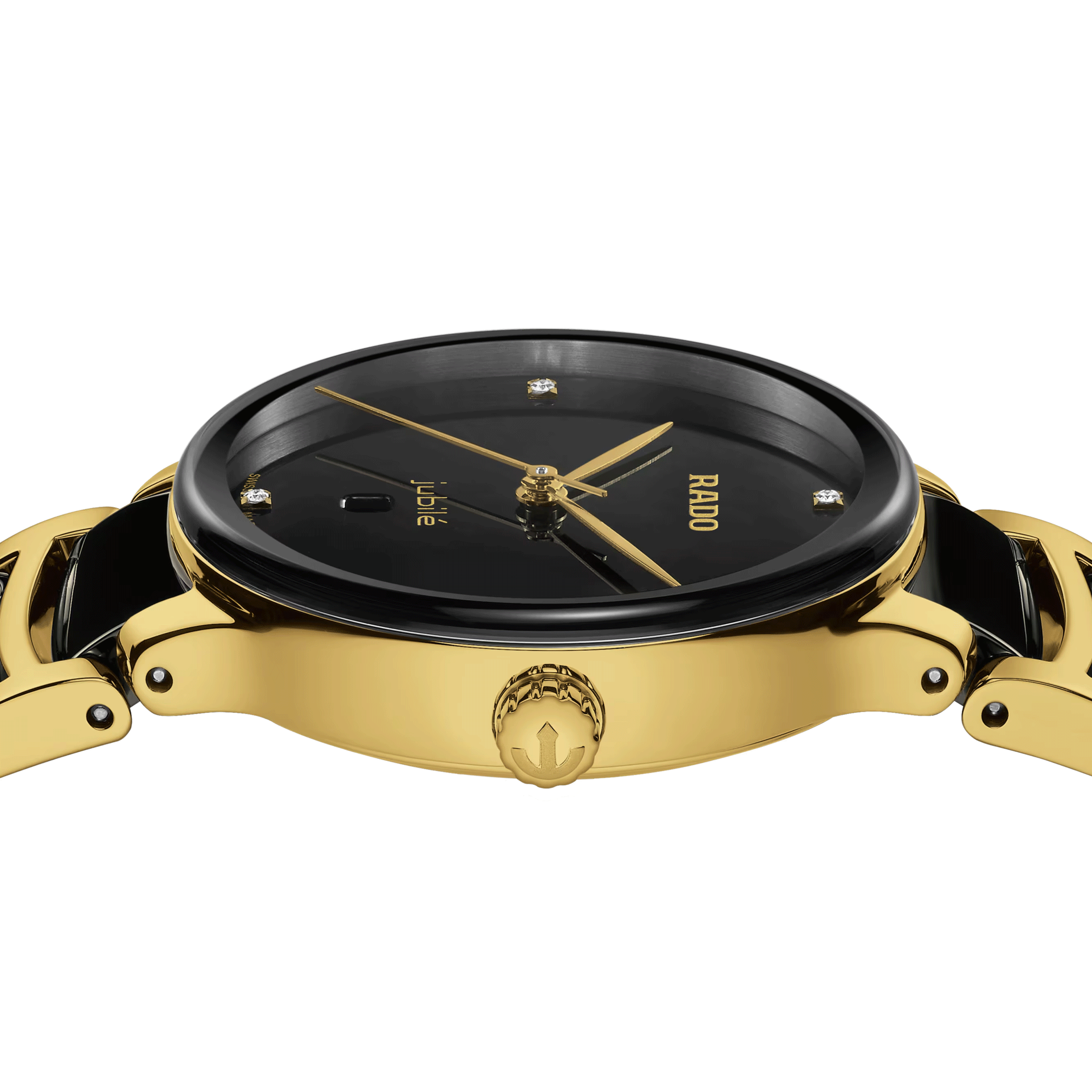 Montre Rado Centrix Diamonds quartz index diamants cadran noir bracelet acier pvd or jaune et céramique noire 30,5 mm R30025712