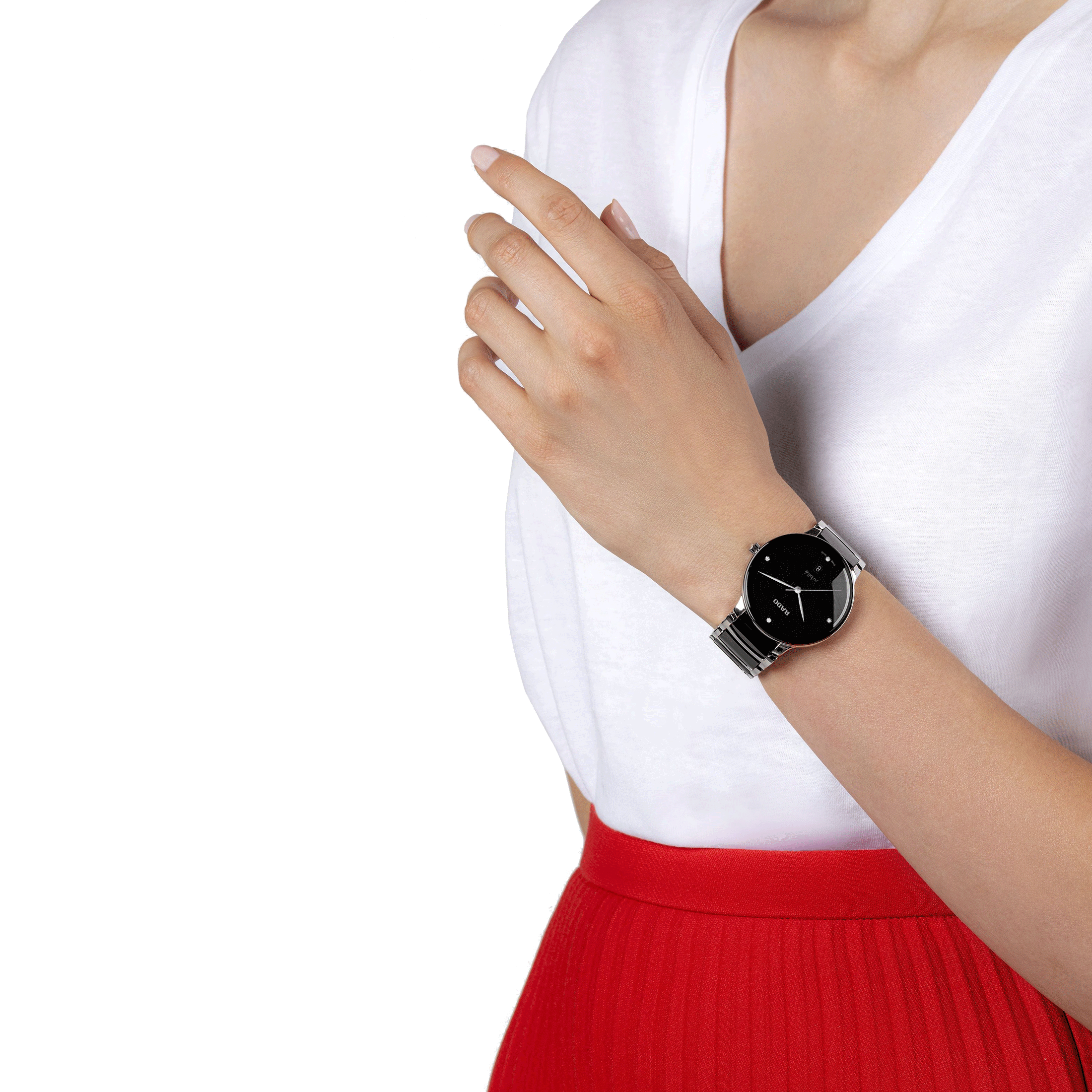 Rado Centrix Diamonds quartz watch diamond index black dial steel and ceramic bracelet 39.5 mm R30021712