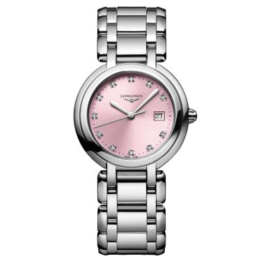 Montre Longines PrimaLuna quartz index diamants cadran rose bracelet acier 30 mm L8.122.4.99.6