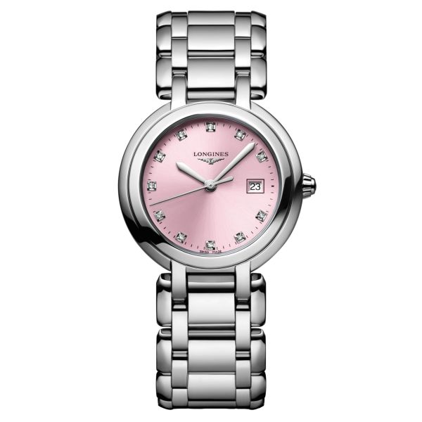 Longines PrimaLuna quartz diamonds index pink dial steel bracelet 30 mm