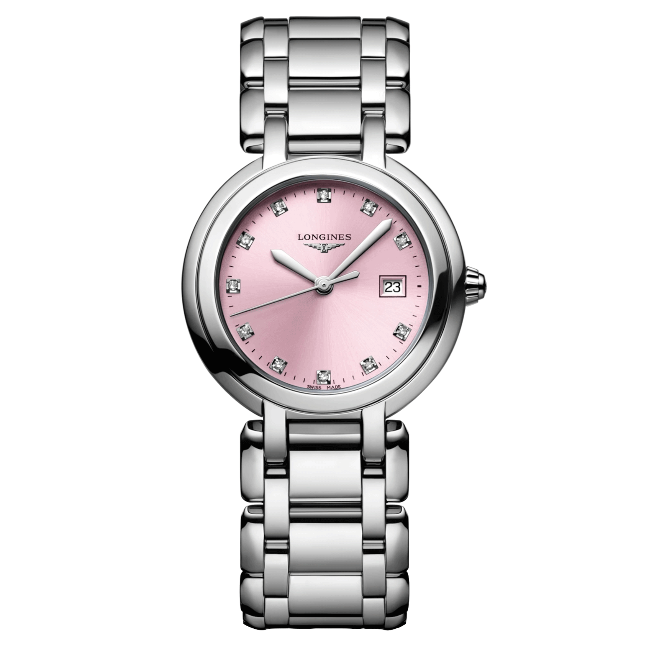 Montre Longines PrimaLuna quartz index diamants cadran rose bracelet acier 30 mm L8.122.4.99.6