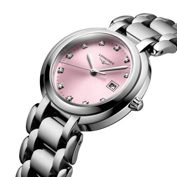 Montre Longines PrimaLuna quartz index diamants cadran rose bracelet acier 30 mm L8.122.4.99.6