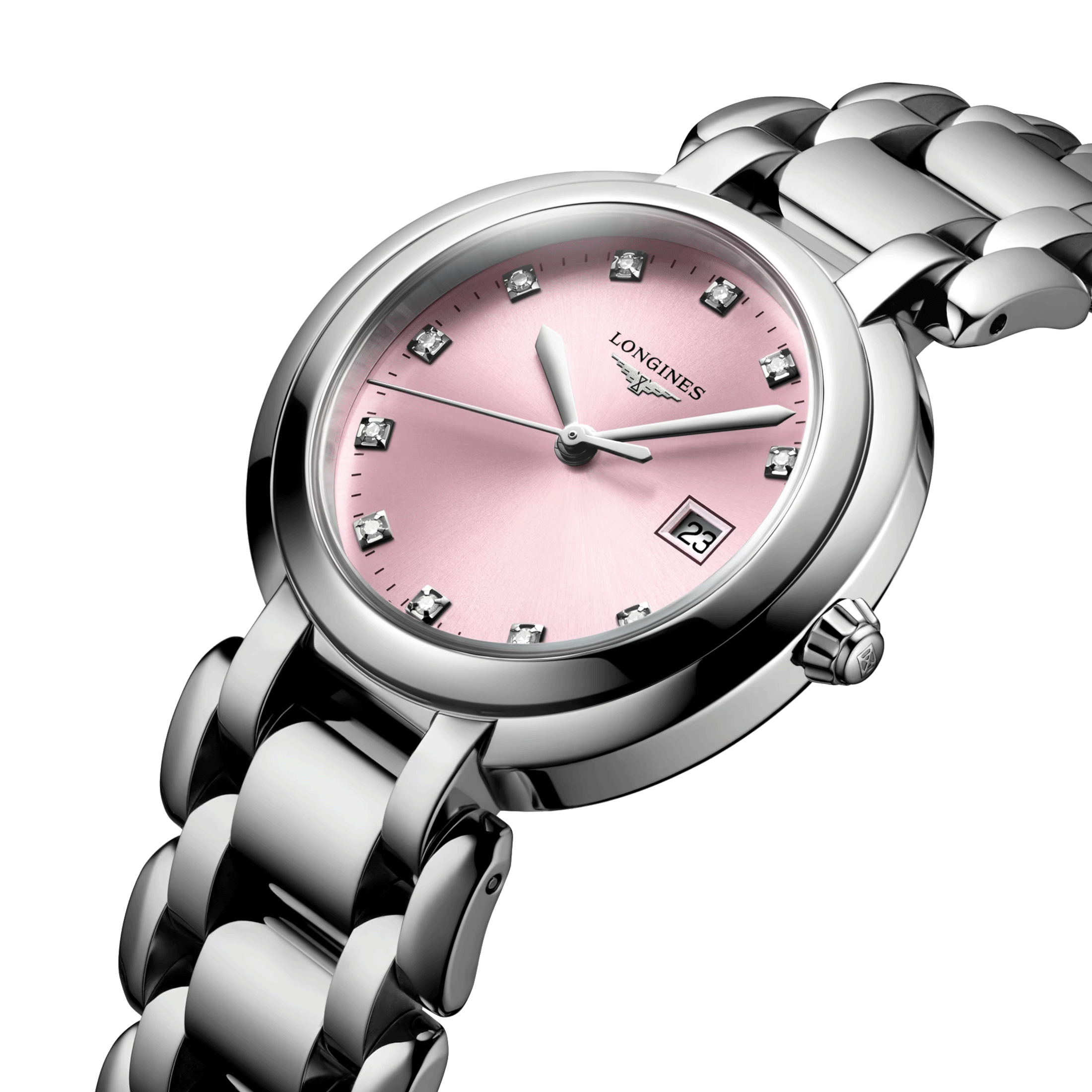 Montre Longines PrimaLuna quartz index diamants cadran rose bracelet acier 30 mm L8.122.4.99.6