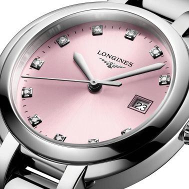 Montre Longines PrimaLuna quartz index diamants cadran rose bracelet acier 30 mm L8.122.4.99.6
