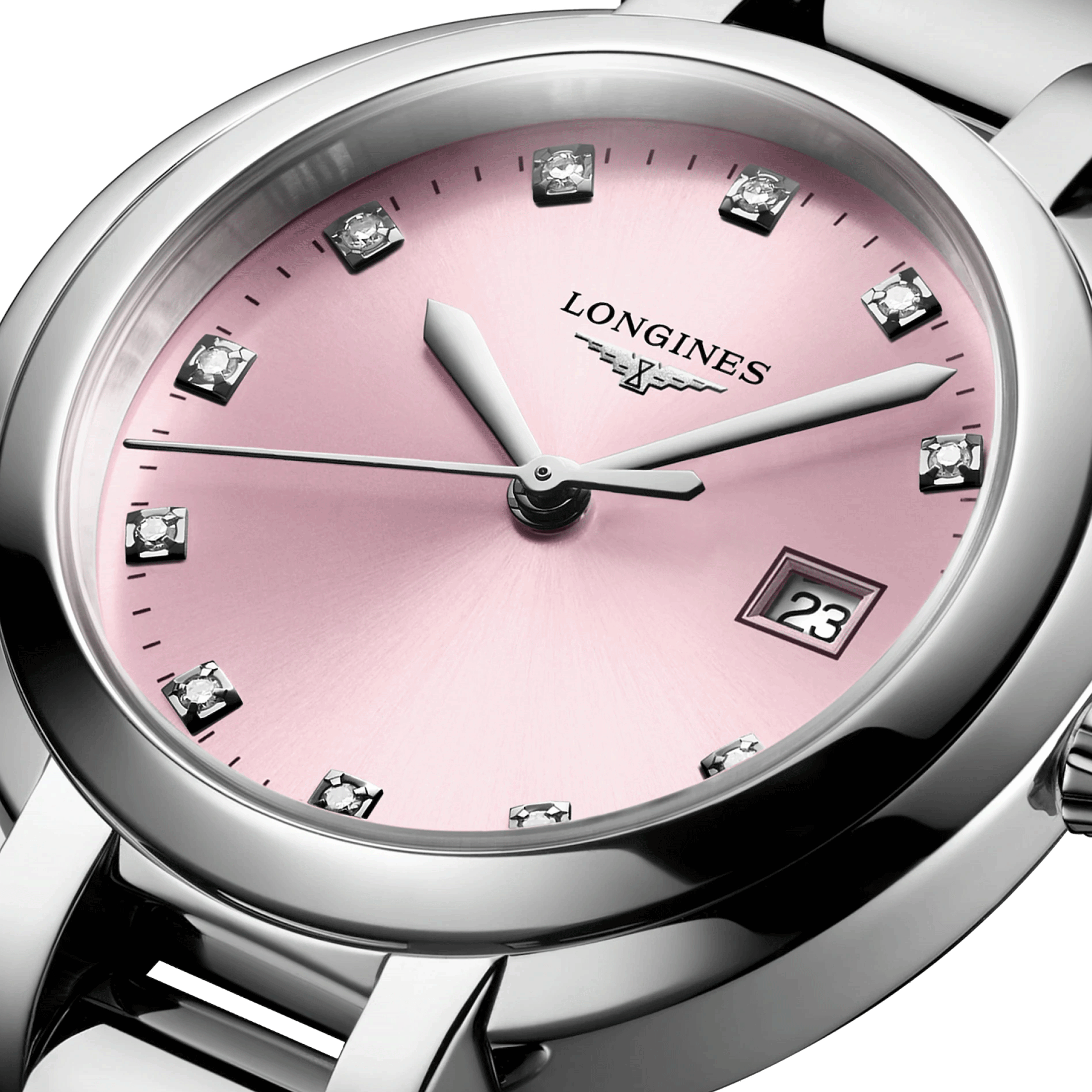Montre Longines PrimaLuna quartz index diamants cadran rose bracelet acier 30 mm L8.122.4.99.6