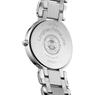 Montre Longines PrimaLuna quartz index diamants cadran rose bracelet acier 30 mm L8.122.4.99.6