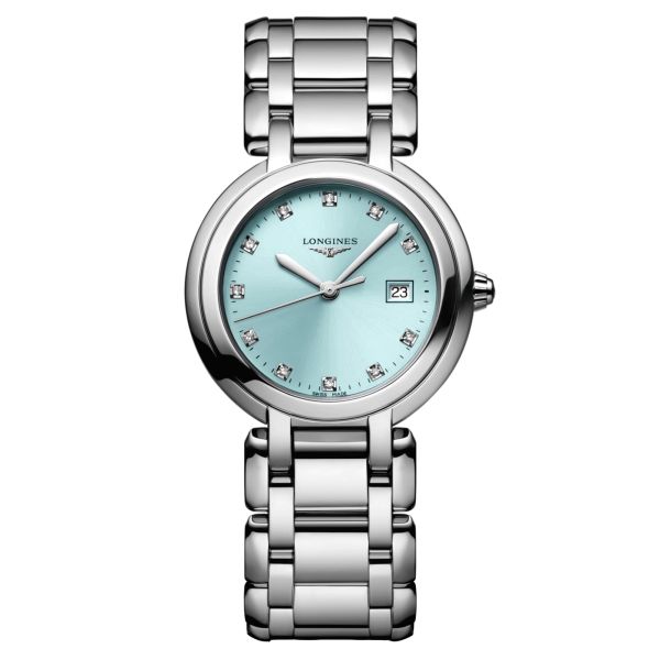 Longines PrimaLuna quartz diamonds index blue dial steel bracelet 30 mm