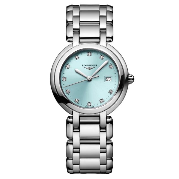 Montre Longines PrimaLuna quartz index diamants cadran bleu bracelet acier 30 mm L8.122.4.90.6