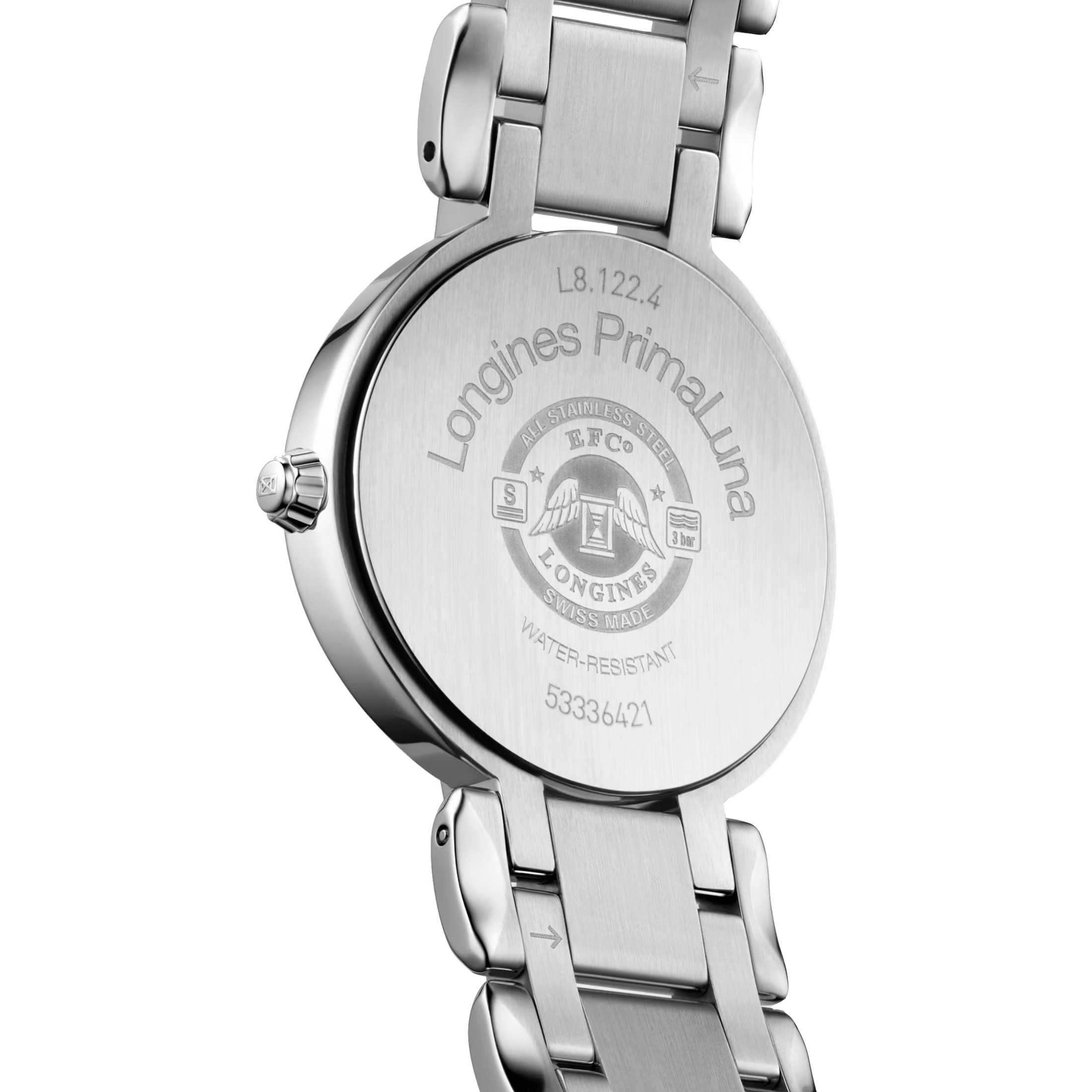 Longines PrimaLuna quartz diamond index white mother-of-pearl dial steel bracelet 30 mm