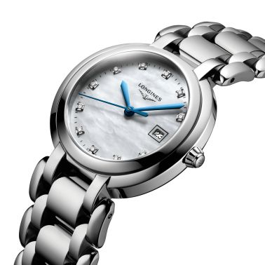 Montre Longines PrimaLuna quartz index diamants cadran nacre blanche bracelet acier 30 mm L8.122.4.87.6