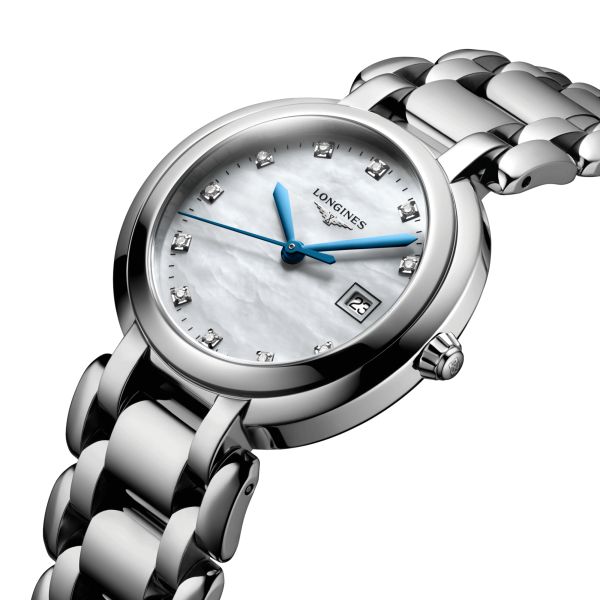 Montre Longines PrimaLuna quartz index diamants cadran nacre blanche bracelet acier 30 mm L8.122.4.87.6