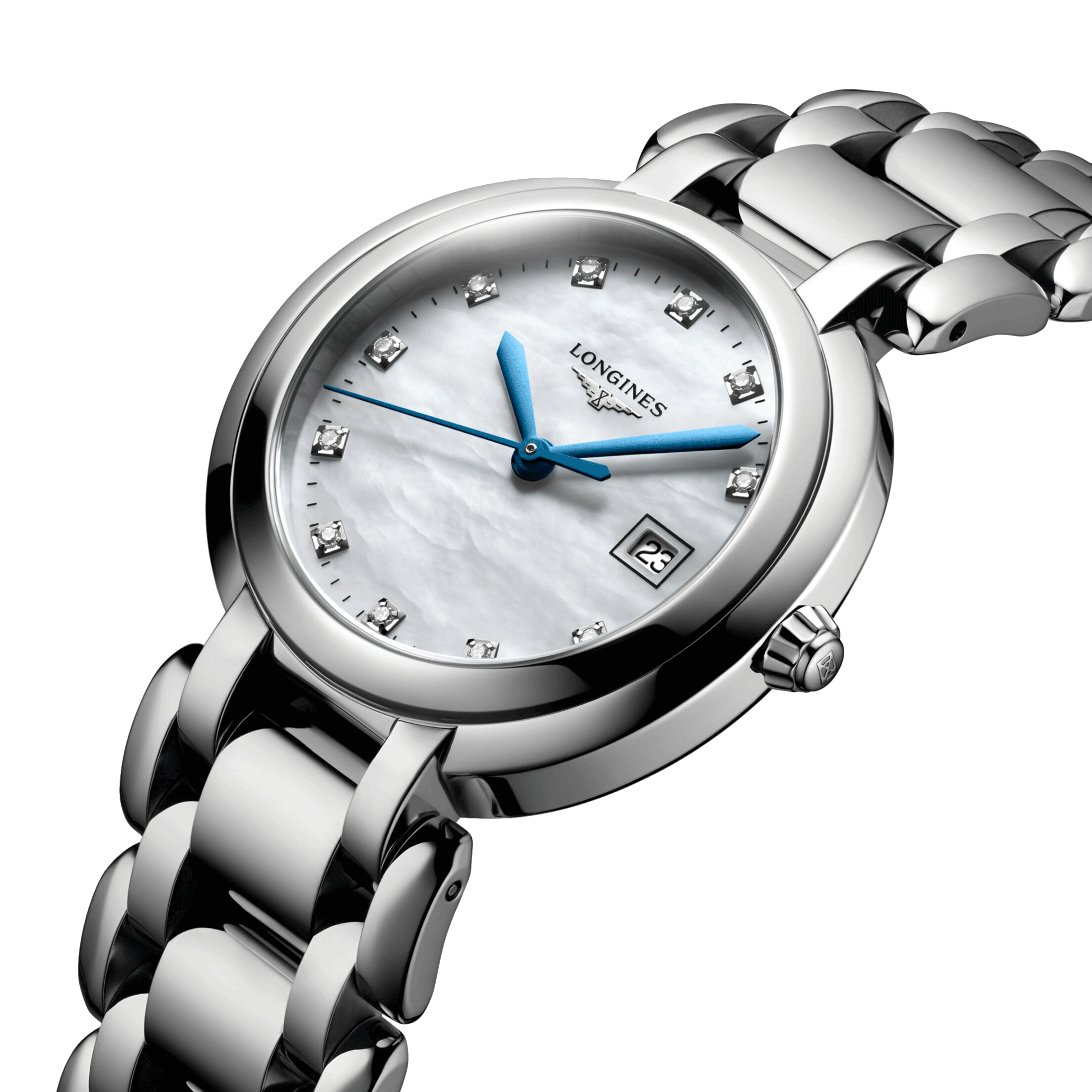 Montre Longines PrimaLuna quartz index diamants cadran nacre blanche bracelet acier 30 mm L8.122.4.87.6