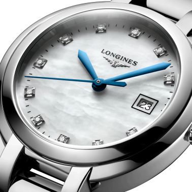 Longines PrimaLuna quartz diamond index white mother-of-pearl dial steel bracelet 30 mm