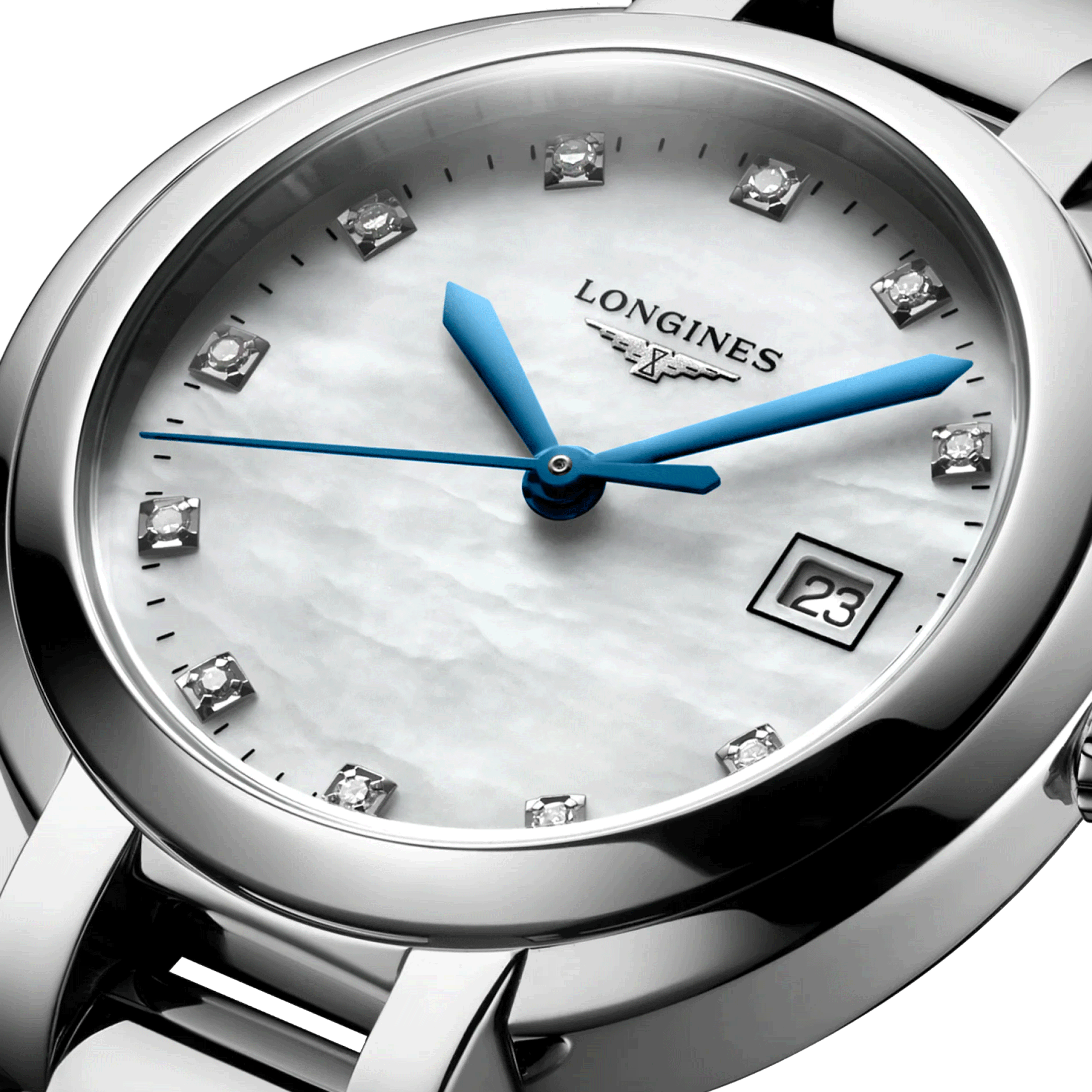 Longines PrimaLuna quartz diamond index white mother-of-pearl dial steel bracelet 30 mm