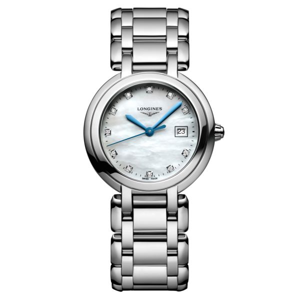 Montre Longines PrimaLuna quartz index diamants cadran nacre blanche bracelet acier 30 mm L8.122.4.87.6