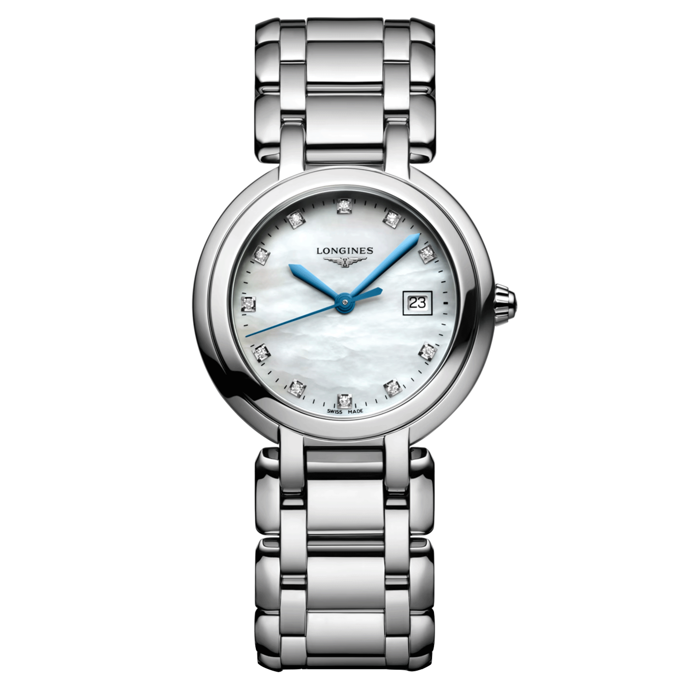 Longines PrimaLuna quartz diamond index white mother-of-pearl dial steel bracelet 30 mm