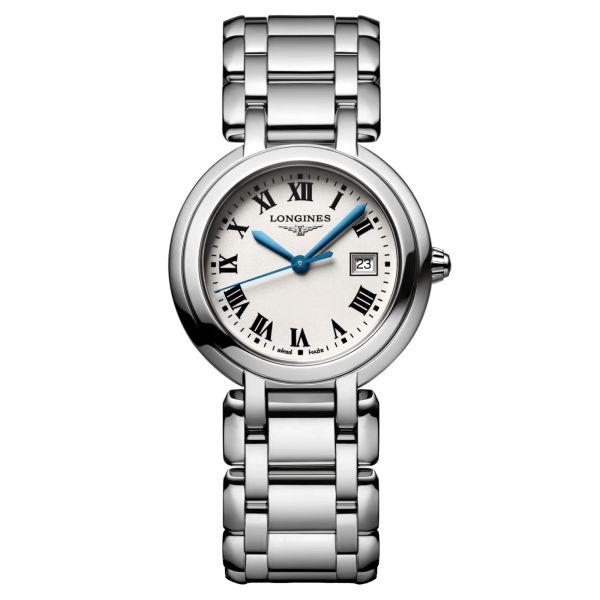 Montre Longines PrimaLuna quartz cadran argenté bracelet acier 30 mm L8.122.4.71.6
