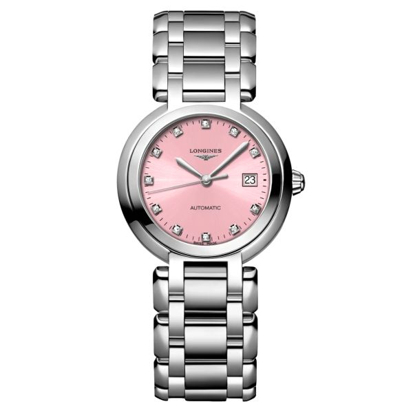 Longines PrimaLuna automatic watch diamonds index pink dial steel bracelet 30 mm