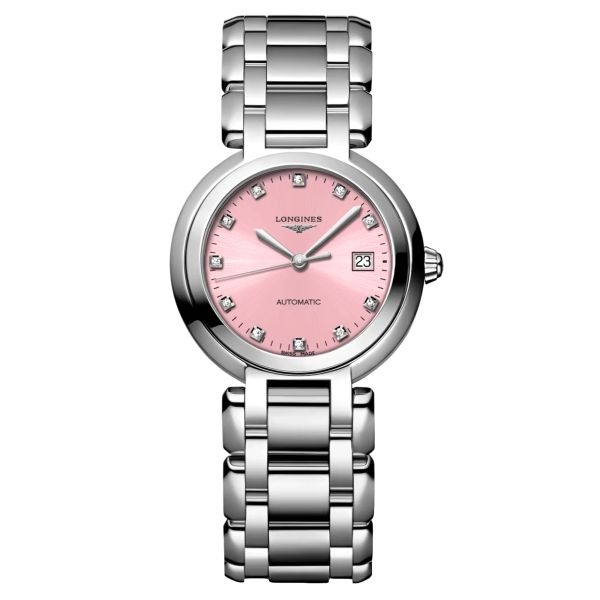 Montre Longines PrimaLuna automatique index diamants cadran rose bracelet acier 30 mm L8.113.4.99.6