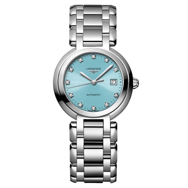 Longines PrimaLuna automatic watch diamonds index blue dial steel bracelet 30 mm