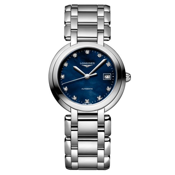 Montre Longines PrimaLuna automatique index diamants cadran nacre bleue bracelet acier 30 mm L8.113.4.98.6