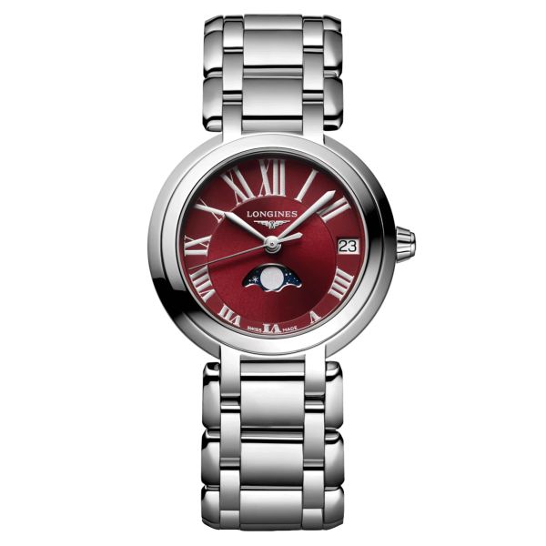 Longines PrimaLuna quartz watch burgundy dial steel bracelet 30.5 mm