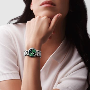 Longines PrimaLuna quartz diamond index green dial steel bracelet 30.5 mm