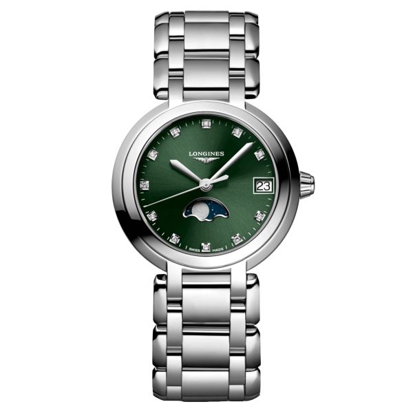 Longines PrimaLuna quartz diamond index green dial steel bracelet 30.5 mm