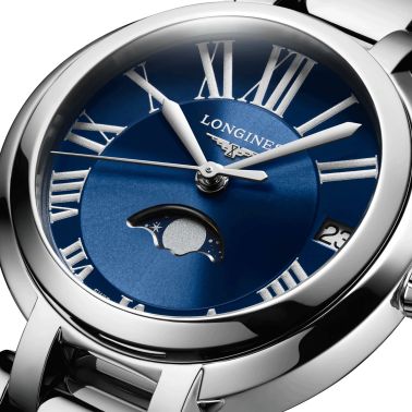 Longines PrimaLuna Moonphase quartz watch blue dial steel bracelet 30.5 mm