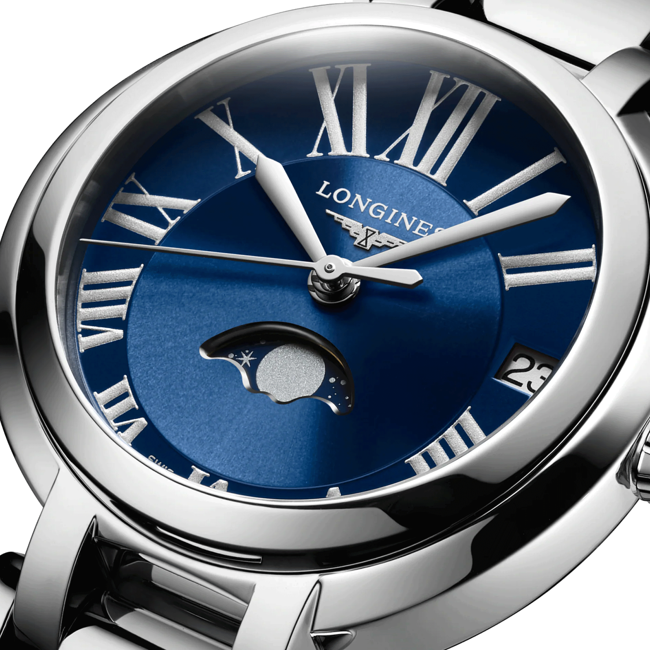 Longines PrimaLuna Moonphase quartz watch blue dial steel bracelet 30.5 mm