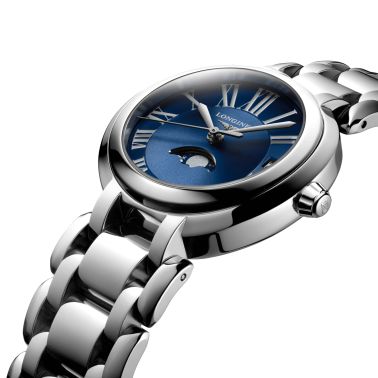 Longines PrimaLuna Moonphase quartz watch blue dial steel bracelet 30.5 mm