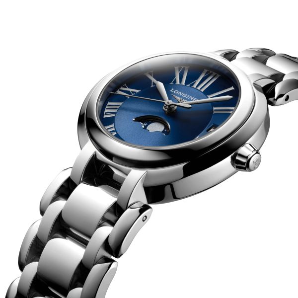 Longines PrimaLuna Moonphase quartz watch blue dial steel bracelet 30.5 mm