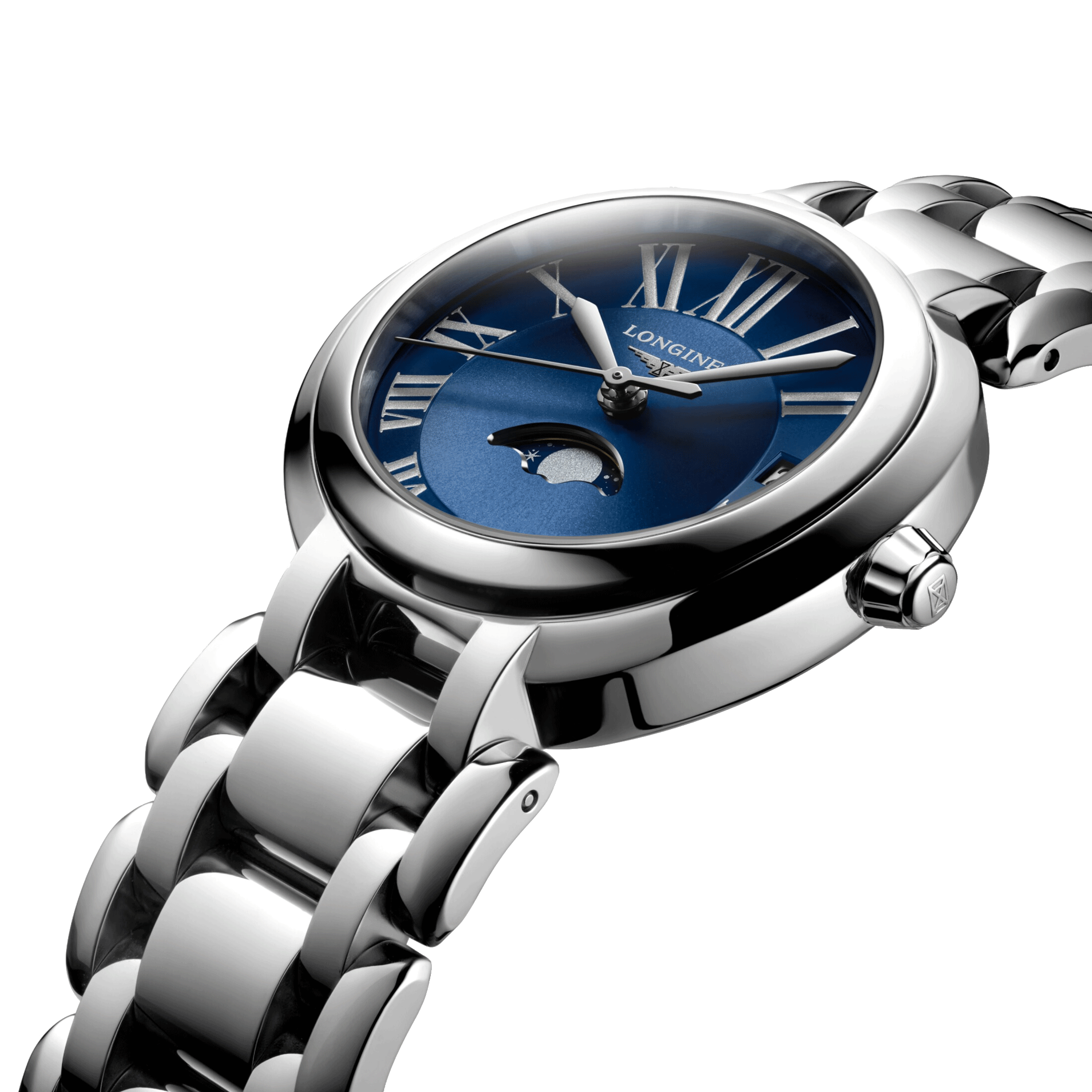 Longines PrimaLuna Moonphase quartz watch blue dial steel bracelet 30.5 mm