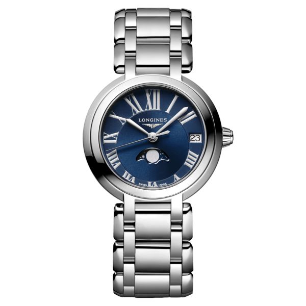 Longines PrimaLuna Moonphase quartz watch blue dial steel bracelet 30.5 mm