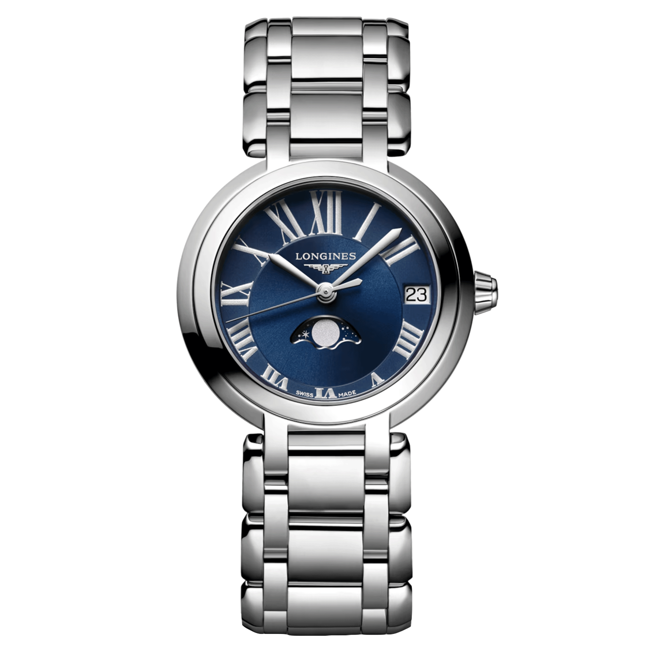Longines PrimaLuna Moonphase quartz watch blue dial steel bracelet 30.5 mm