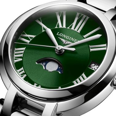 Longines PrimaLuna Moonphase quartz watch green dial steel bracelet 30.5 mm