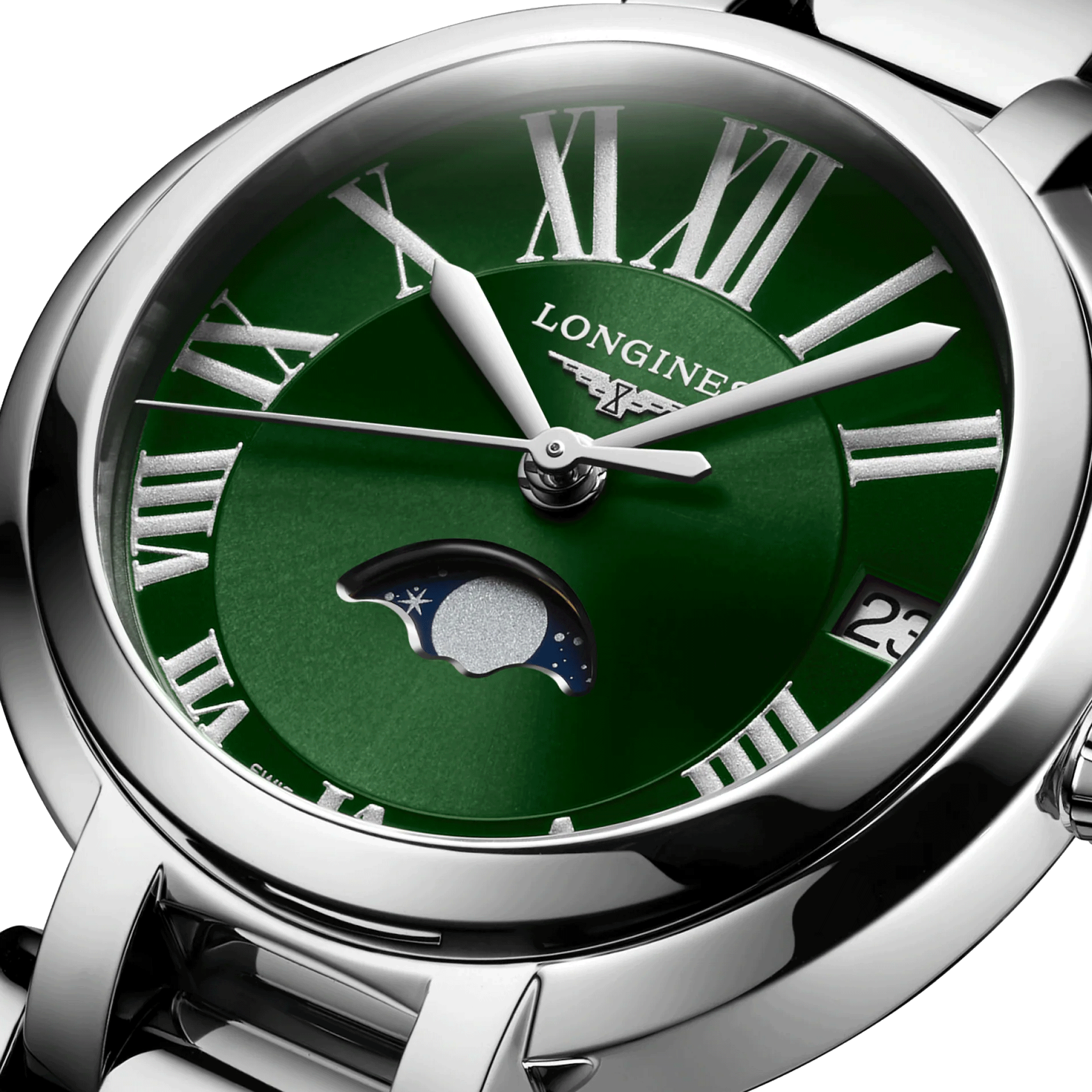 Montre Longines PrimaLuna Moonphase quartz cadran vert bracelet acier 30,5 mm L8.115.4.61.6