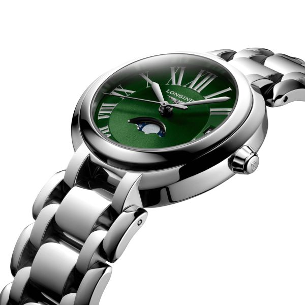 Longines PrimaLuna Moonphase quartz watch green dial steel bracelet 30.5 mm